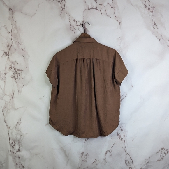 Everlane Shirt 00 2XS Women Brown Coco Button Up Short Sleeve Japanese Go Weave - Picture 8 of 16